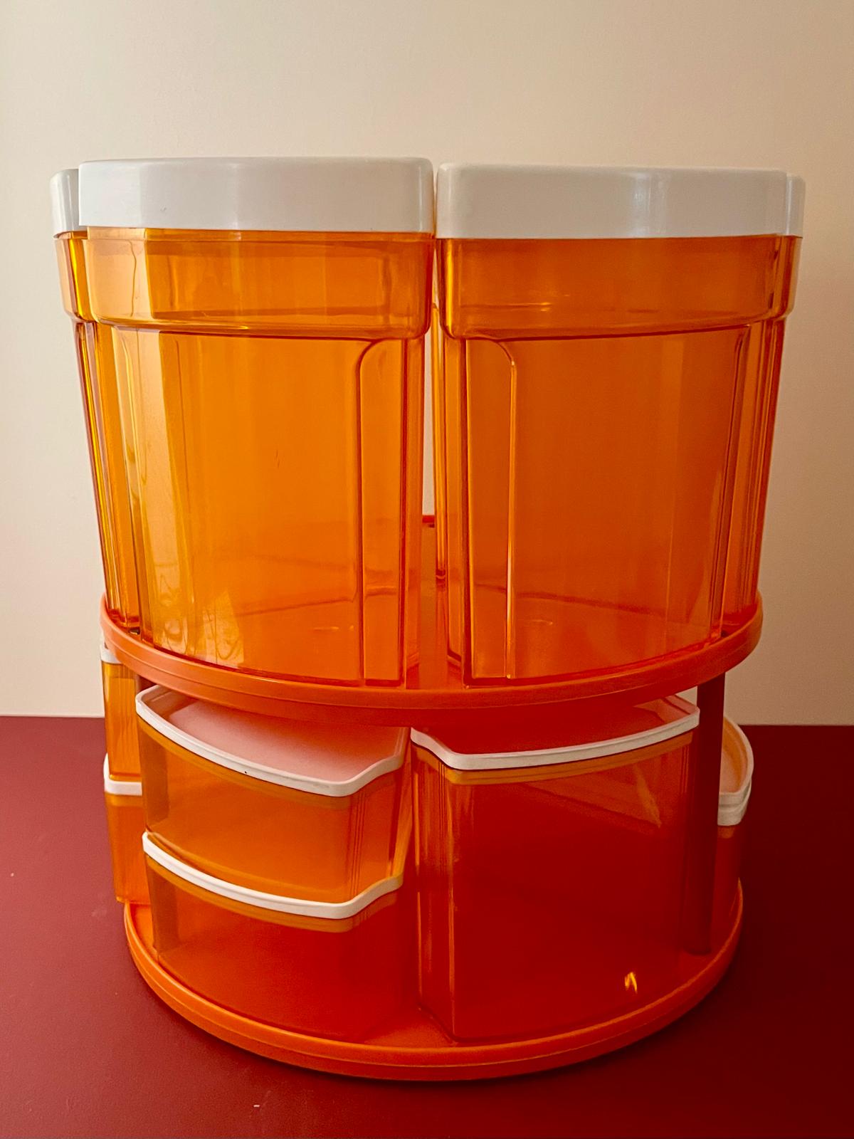 tour de rangement vintage plastique orange années 70