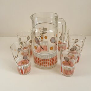 Service à orangeade vintage - années 80 - motif tennis – carafe et 6 verres