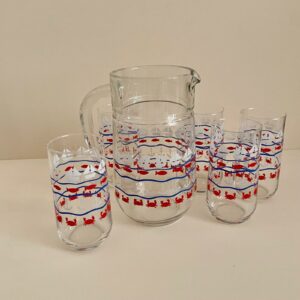 Service à orangeade vintage – Carafe et 5 verres décor marin – Années 80